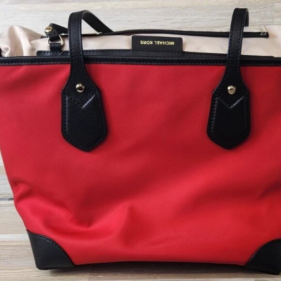 New Michael Kors Eva Top Zip Multi Pocket Small Tote Black Red NS Read - Picture 8 of 13